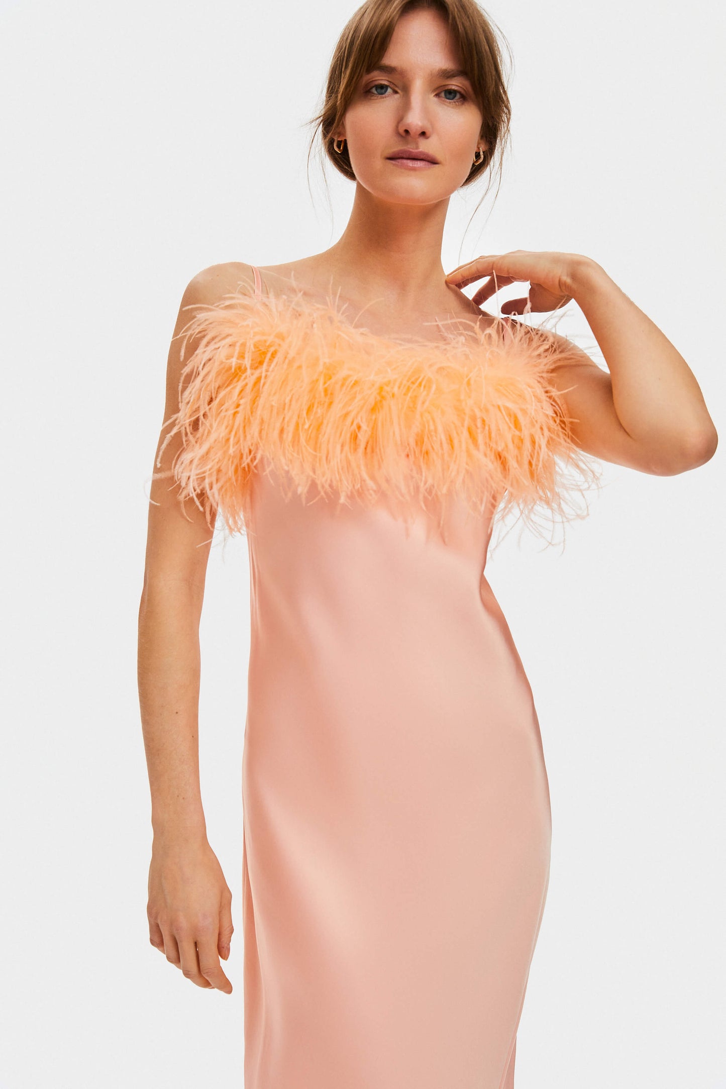 Boheme Slip Dress with Feathers in Light Peach