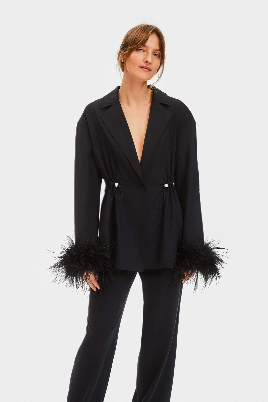 Girl With Pearl Button Blazer with Feathers in Black