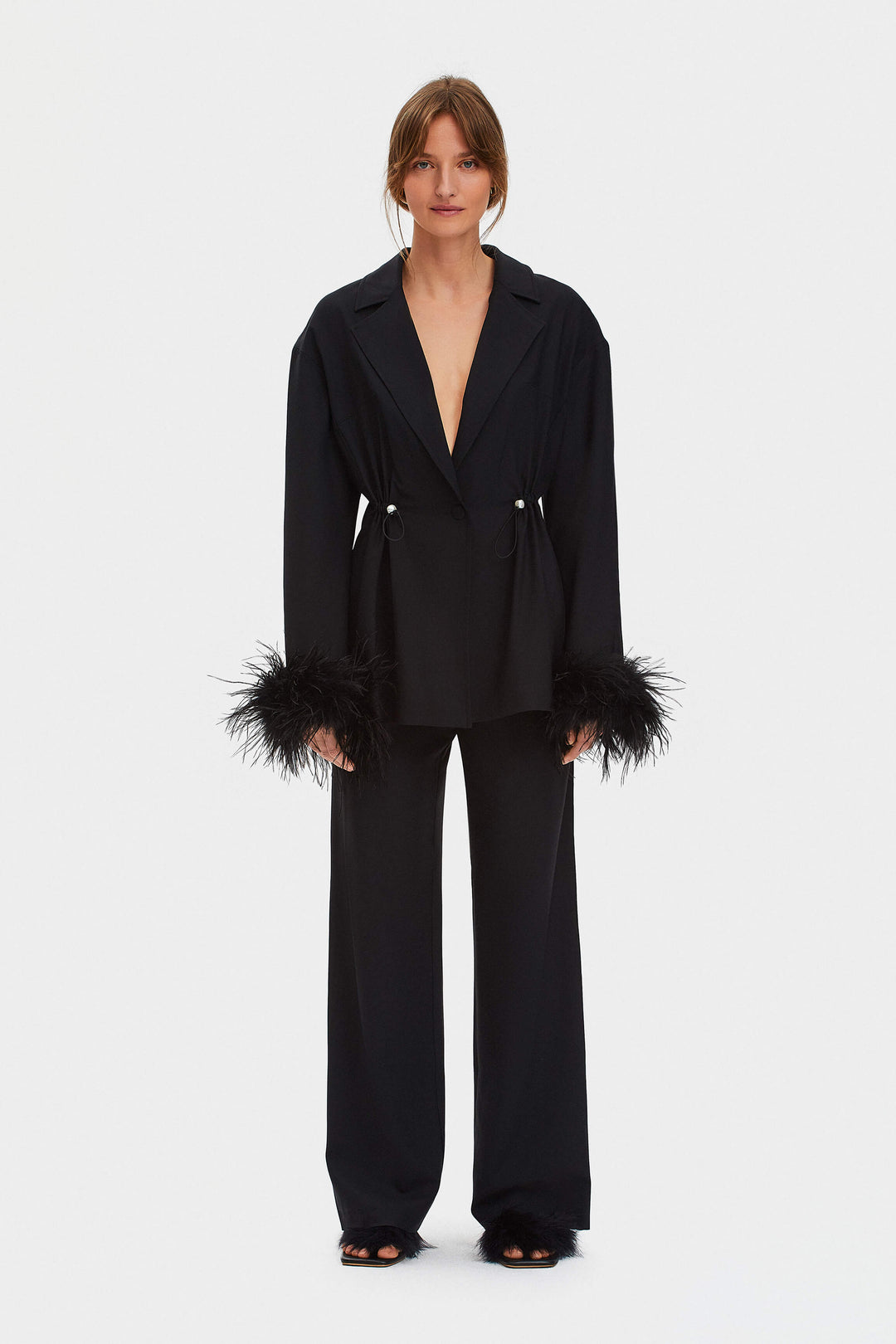 Girl With Pearl Button Blazer with Feathers in Black