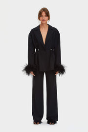 Girl With Pearl Button Blazer with Feathers in Black