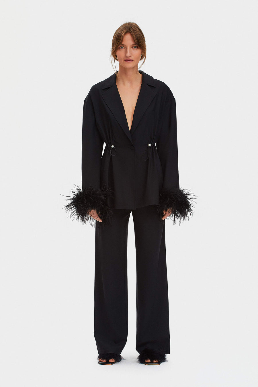 Girl With Pearl Button Blazer with Feathers in Black