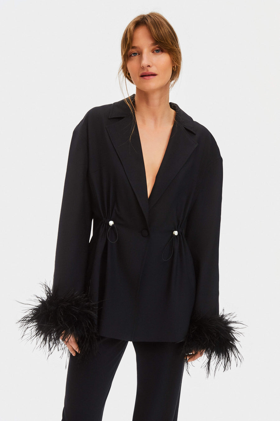 Girl With Pearl Button Blazer with Feathers in Black