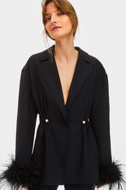 Girl With Pearl Button Blazer with Feathers in Black