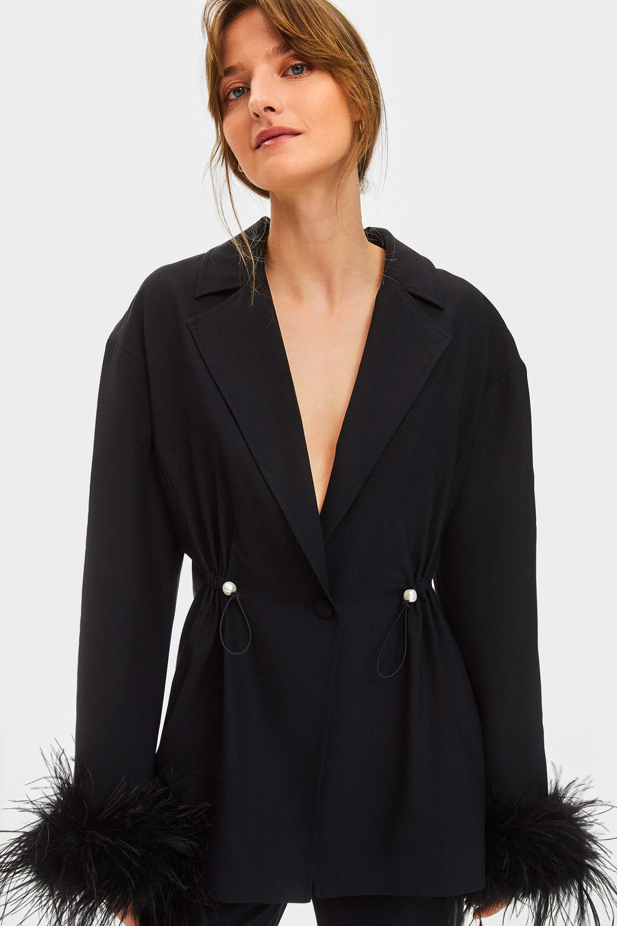 Girl With Pearl Button Blazer with Feathers in Black