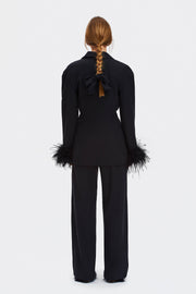 Girl With Pearl Button Blazer with Feathers in Black