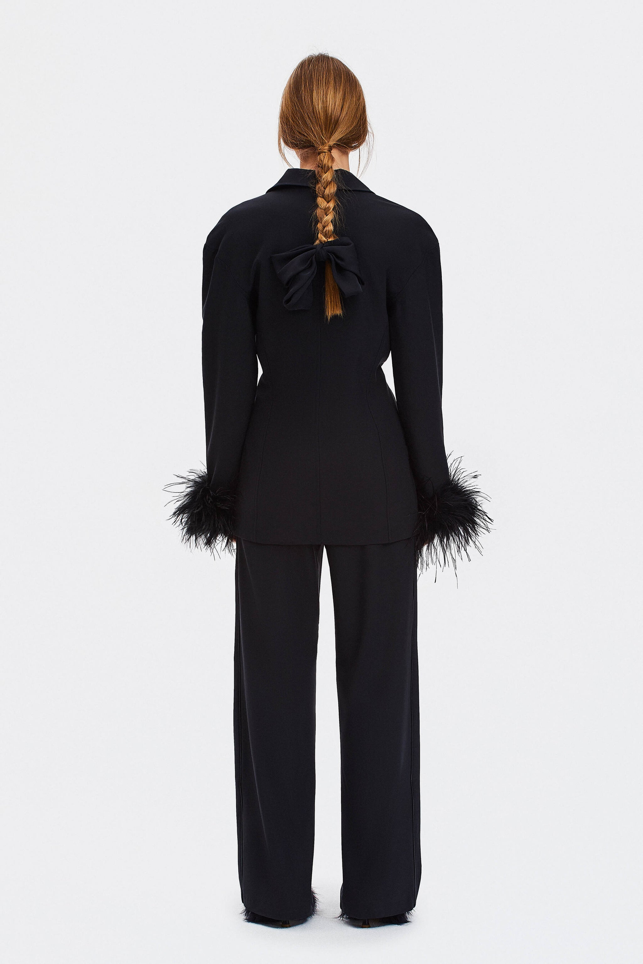 Girl With Pearl Button Blazer with Feathers in Black