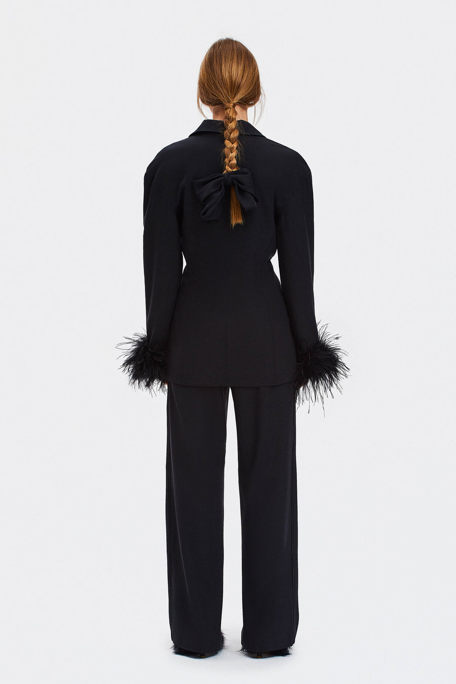 Girl With Pearl Button Blazer with Feathers in Black