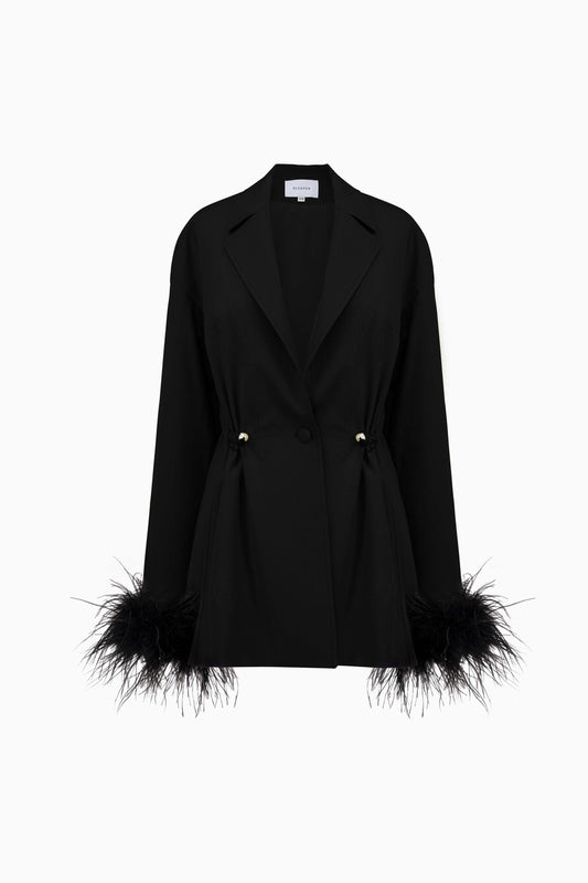 Girl With Pearl Button Blazer with Feathers in Black
