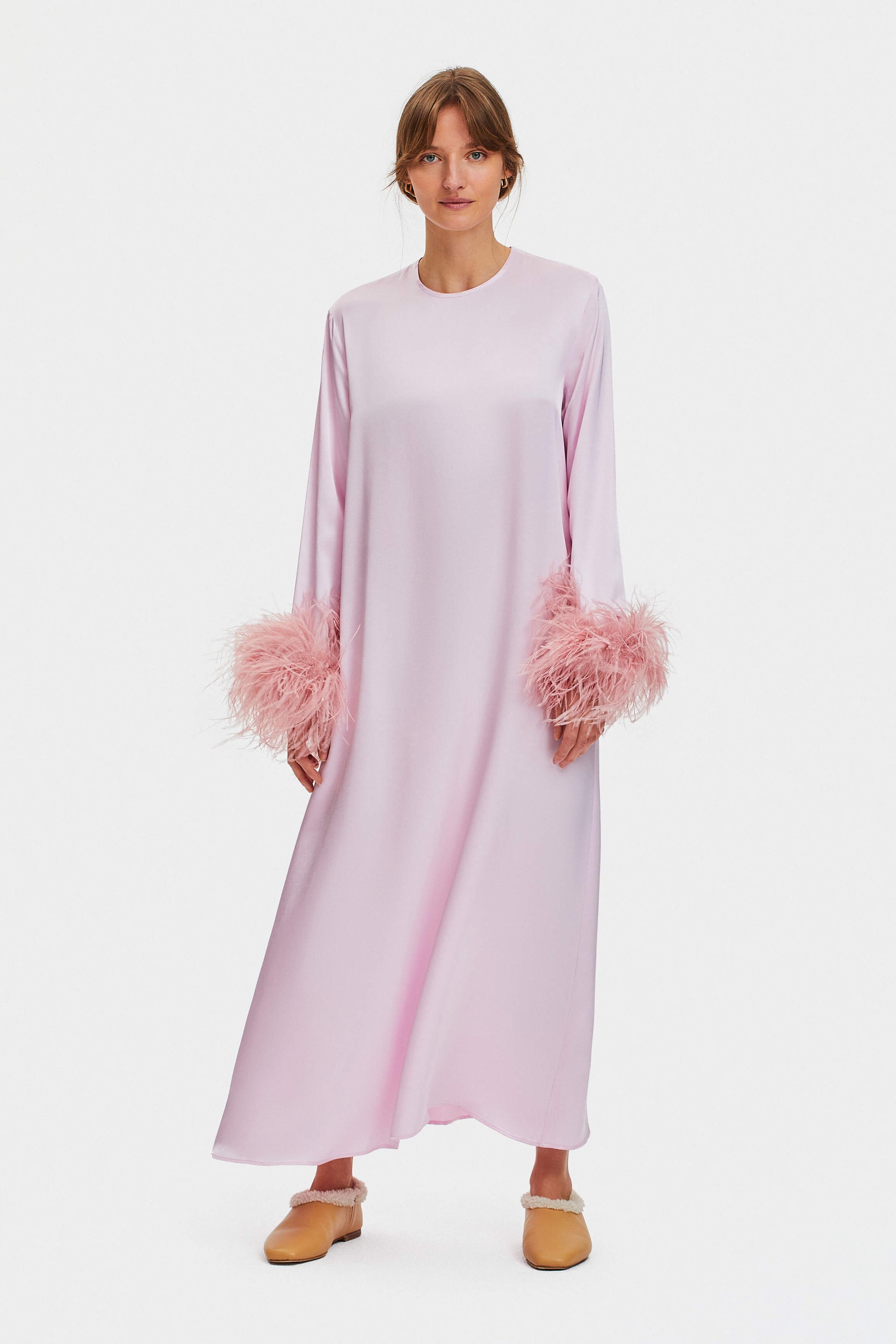 pink feather maxi dress Pink Feather Maxi High Slit Dress XXS / Pink