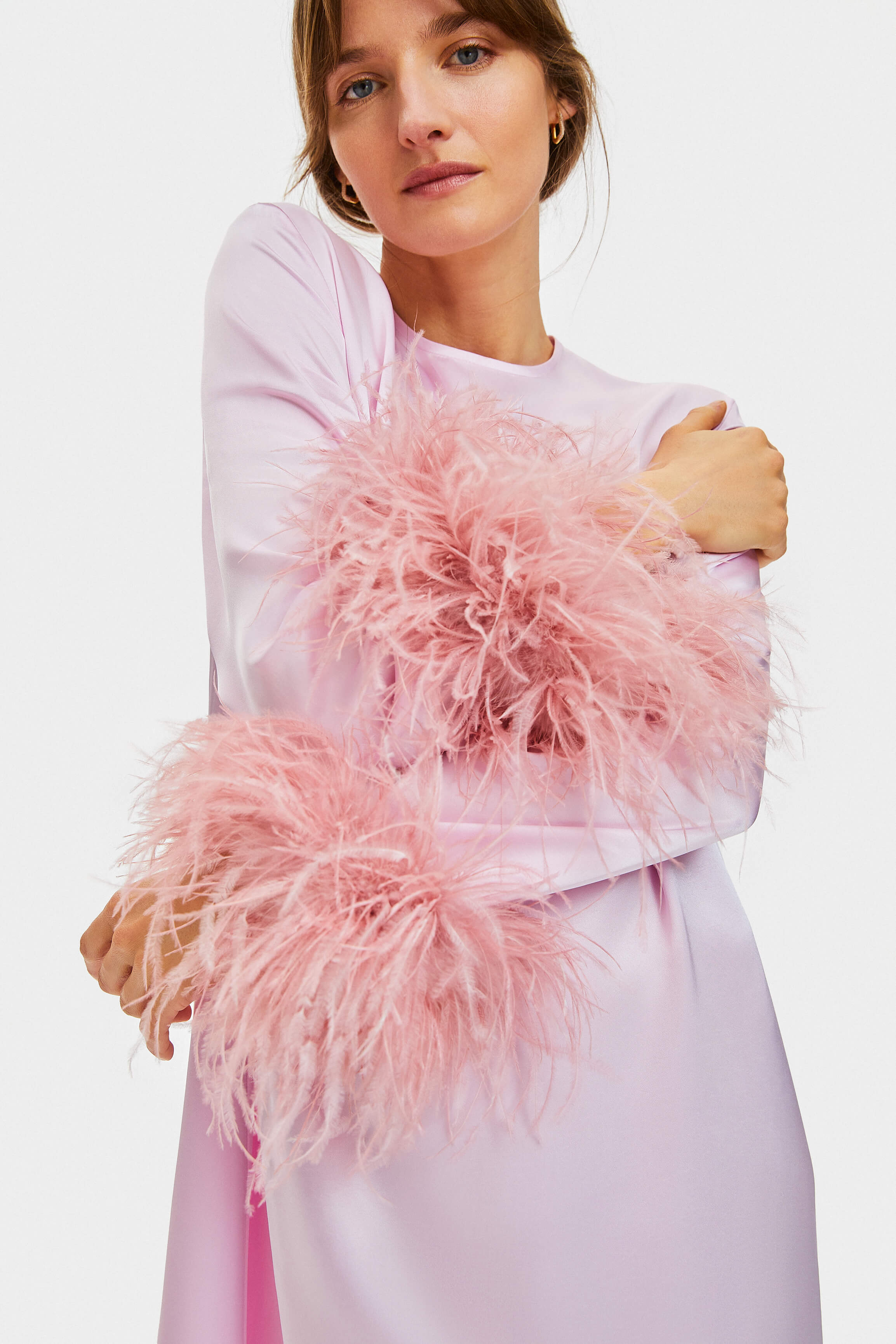 Pink dress with feathers at the bottom best sale