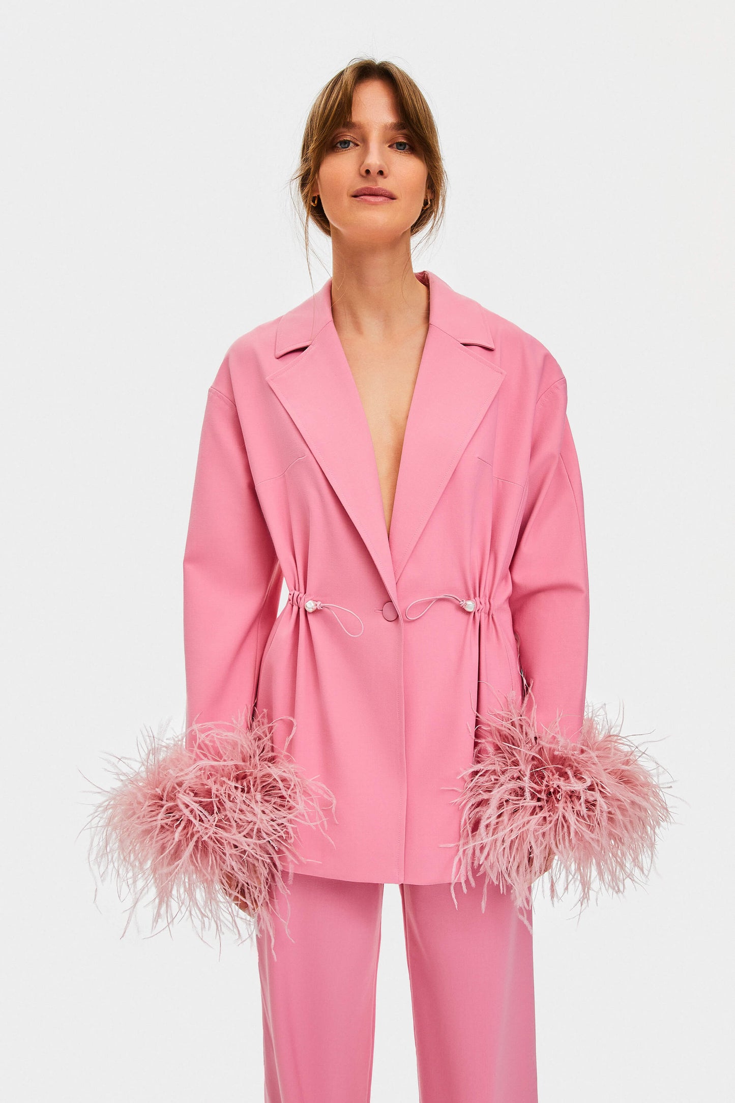 Girl With Pearl Button Blazer with Feathers in Pink