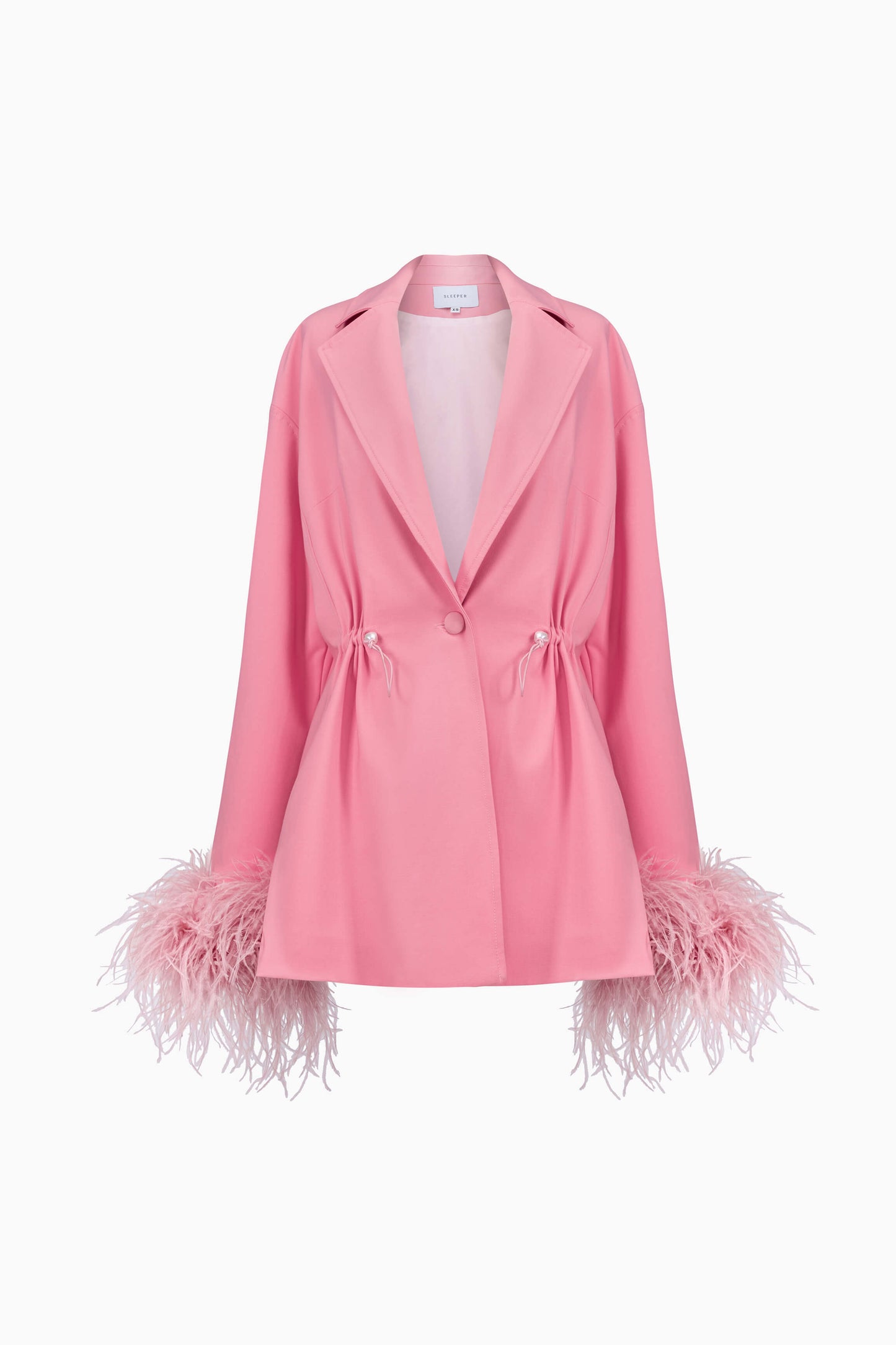 Girl With Pearl Button Blazer with Feathers in Pink