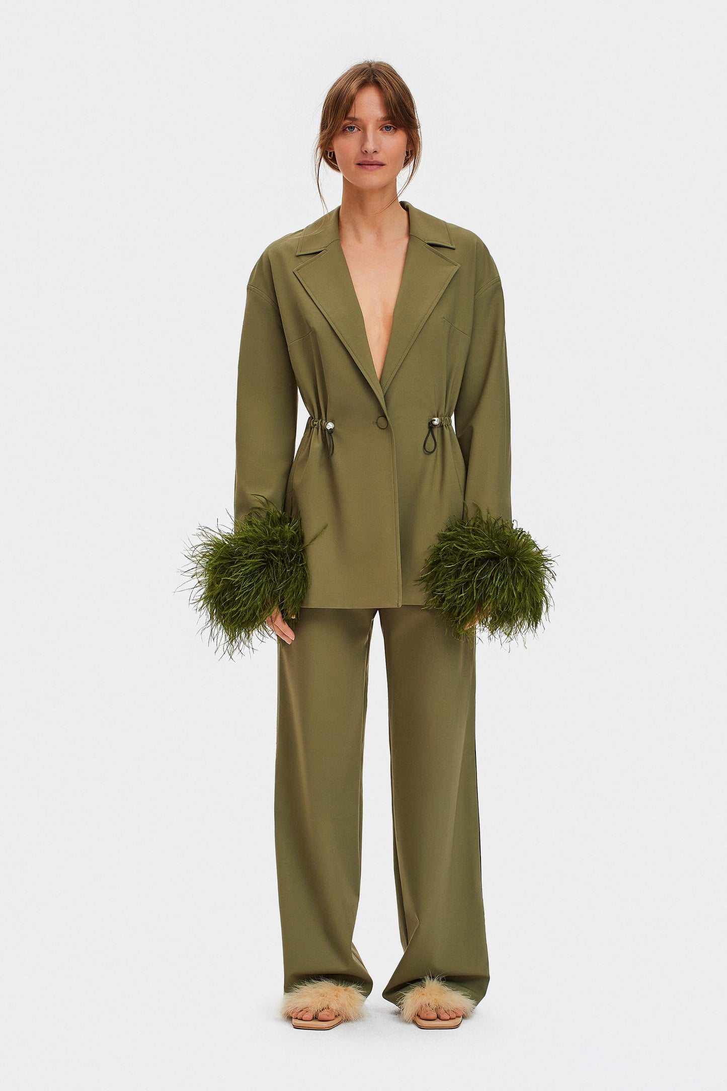 Girl With Pearl Button Blazer with Feathers in Green