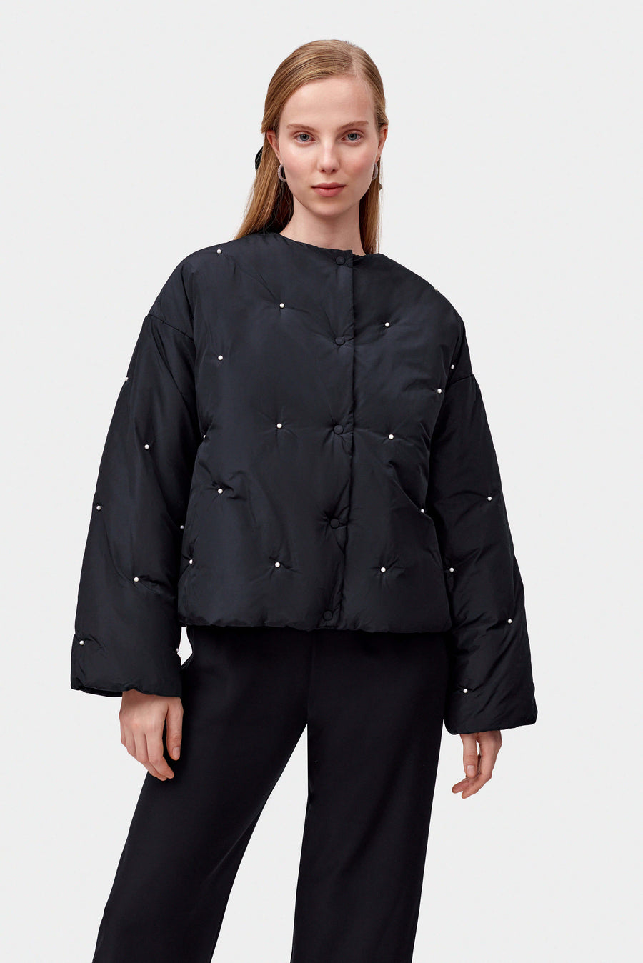 Puffer Jacket in Black with Pearl details