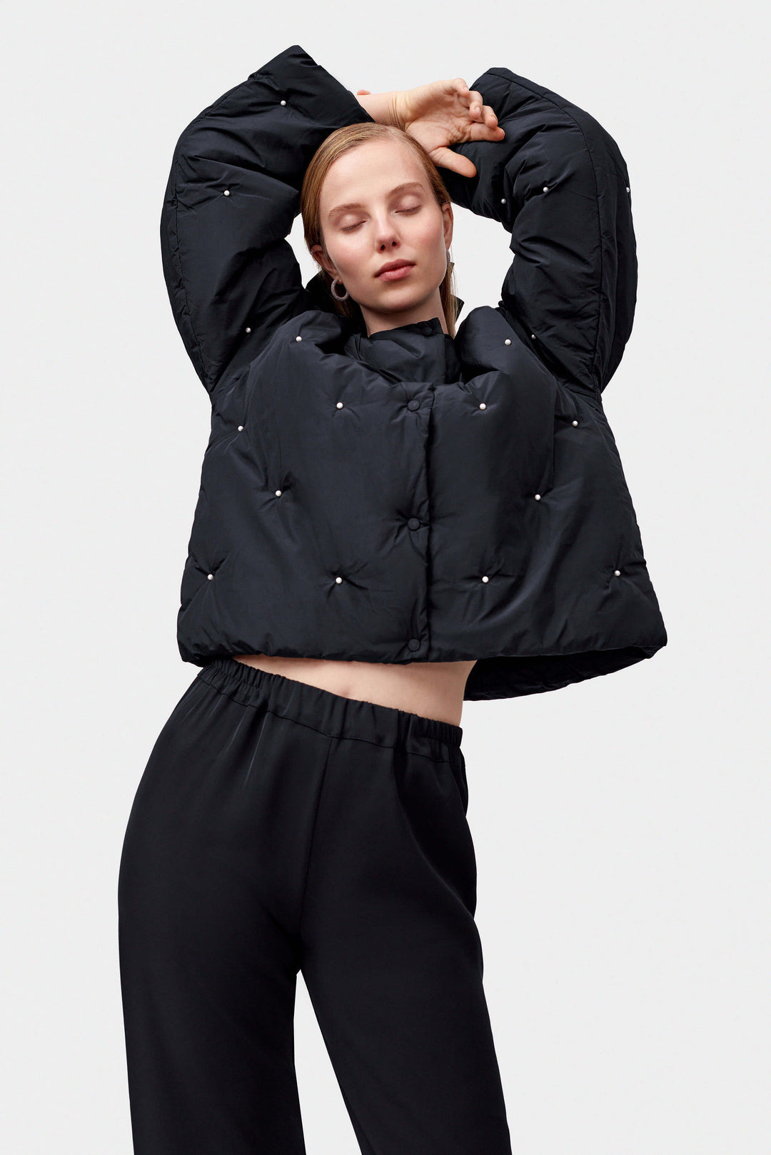 Puffer Jacket in Black with Pearl details