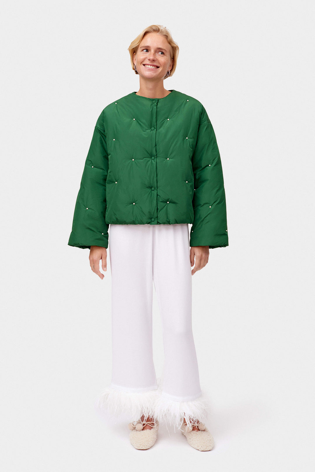 Puffer Jacket in Green with Pearl details