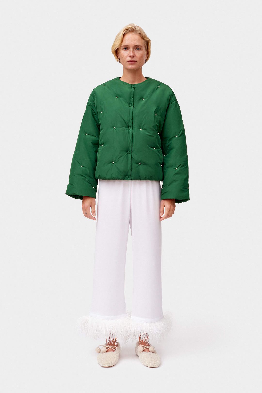 Puffer Jacket in Green with Pearl details