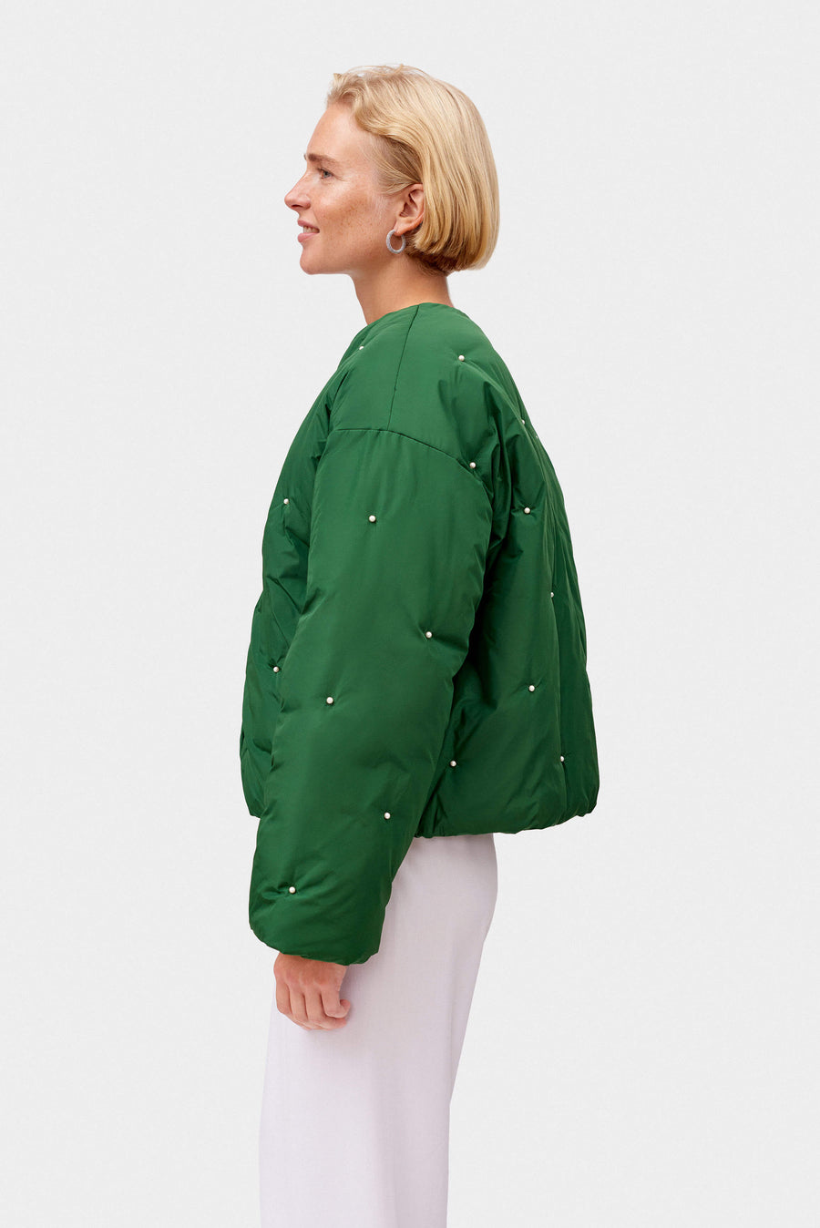 Puffer Jacket in Green with Pearl details