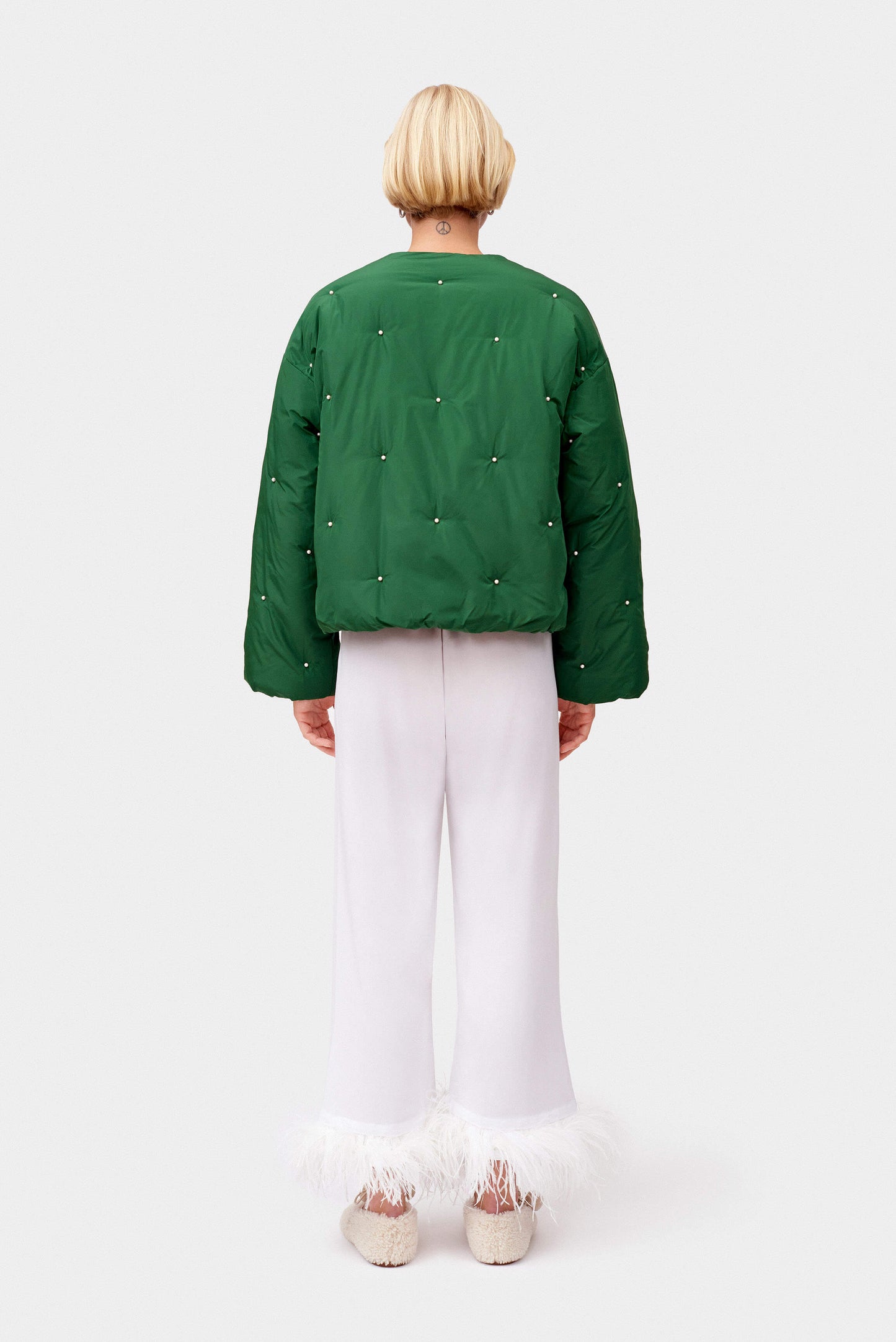 Puffer Jacket in Green with Pearl details