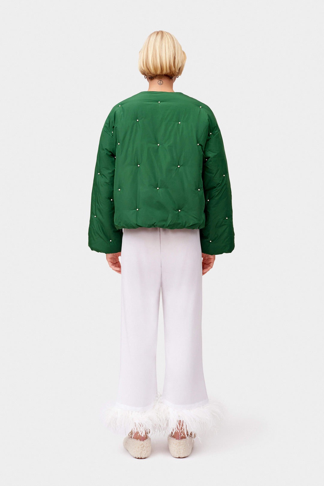 Puffer Jacket in Green with Pearl details