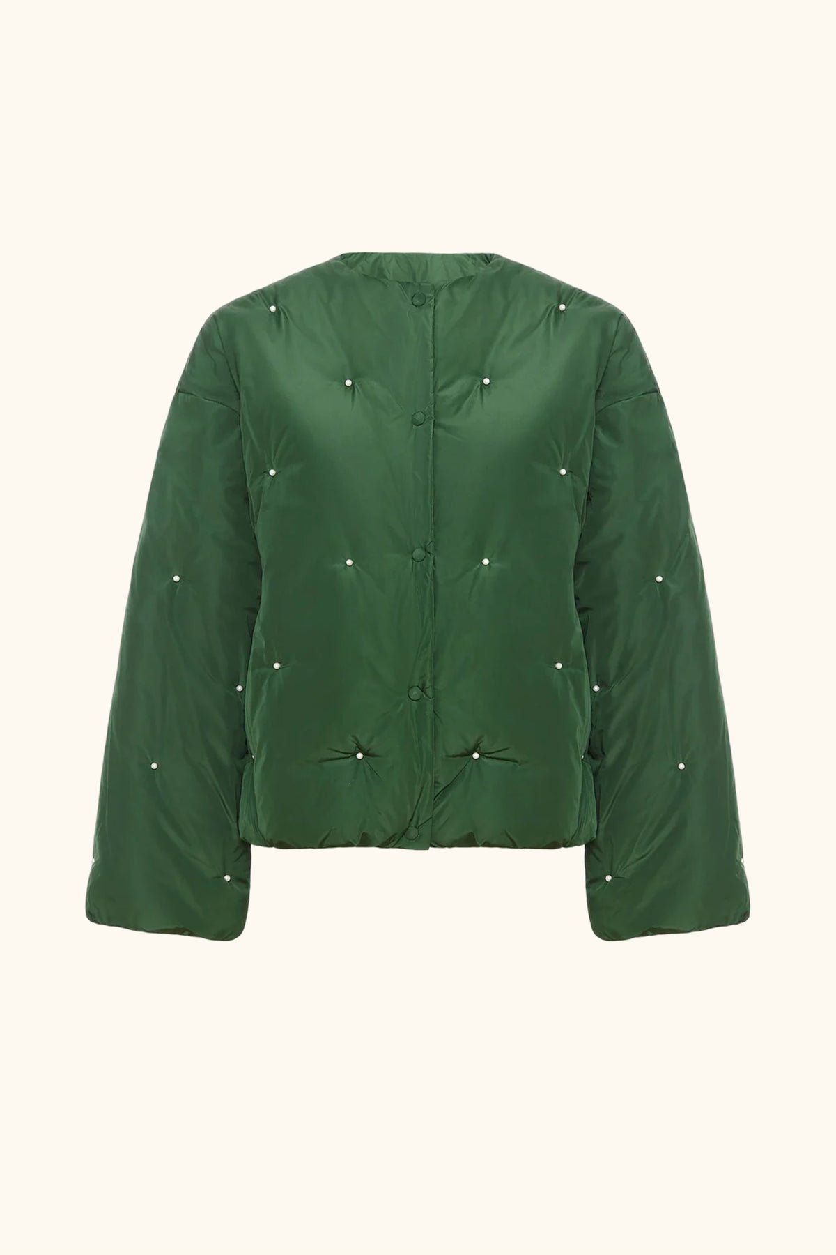 Puffer Jacket in Green with Pearl details