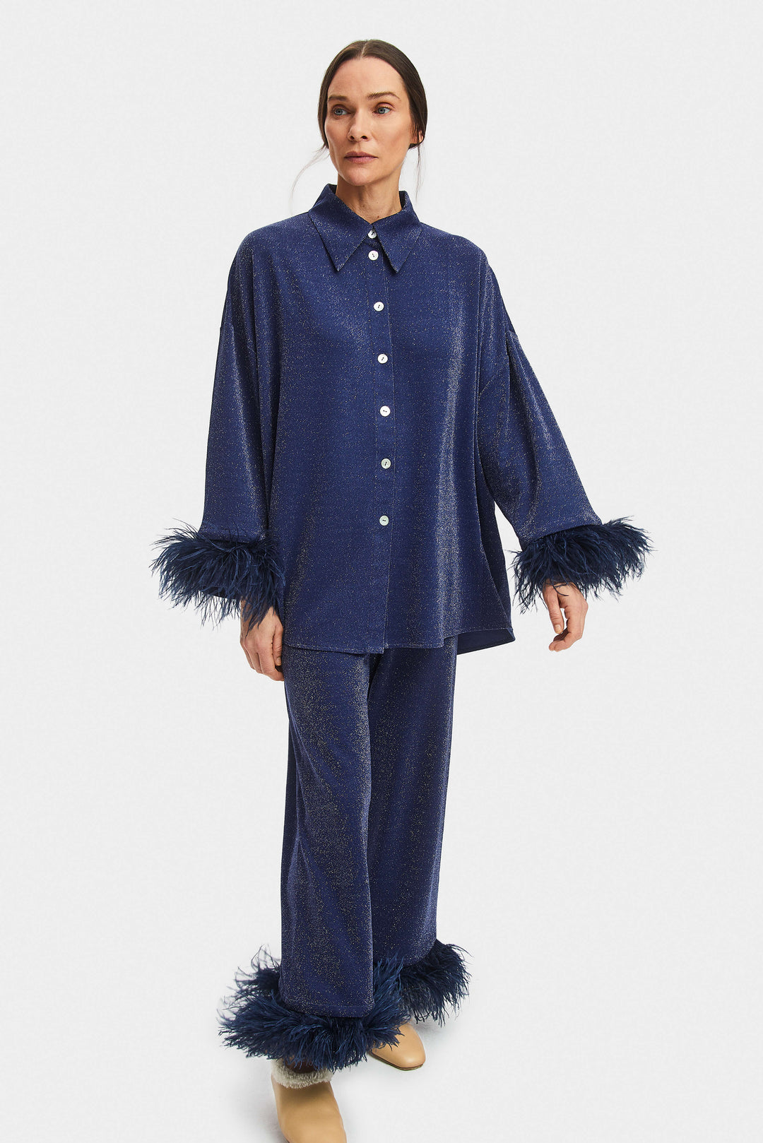 Cosmos Oversized Metallic Jersey Pajama Set in Navy