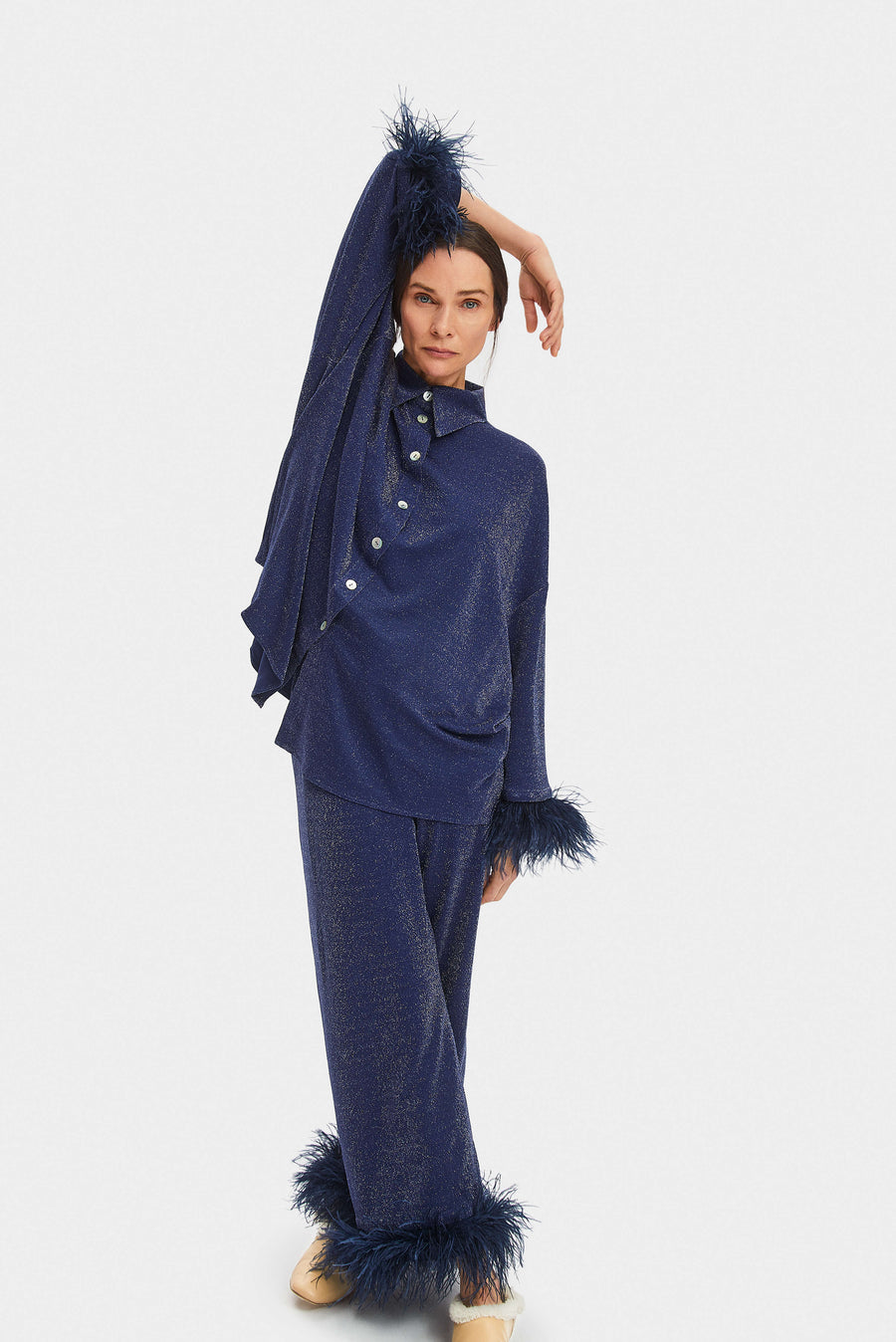 Cosmos Oversized Metallic Jersey Pajama Set in Navy