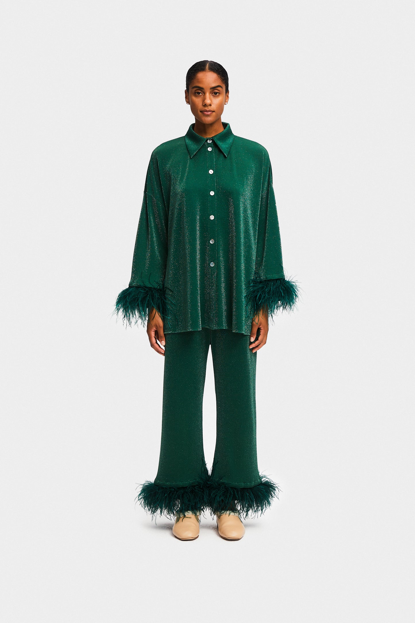 Cosmos Oversized Metallic Jersey Pajama Set in Green