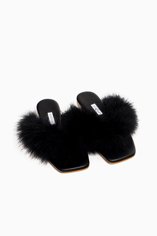 Pom Slides with Feathers in Black
