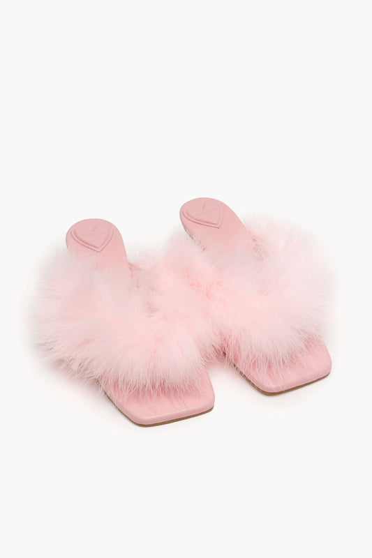 Pom Kitten Heel Mules with Feathers in Pink