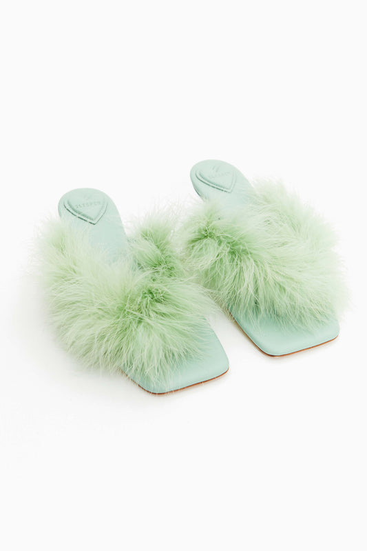 Pom Kitten Heel Mules with Feathers in Mint