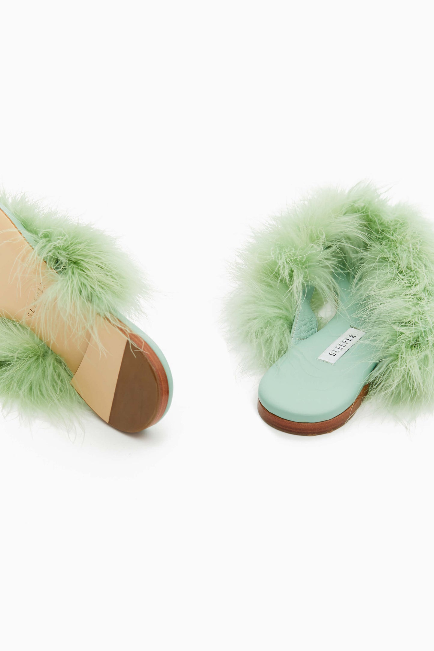Pom Slides with Feathers in Mint