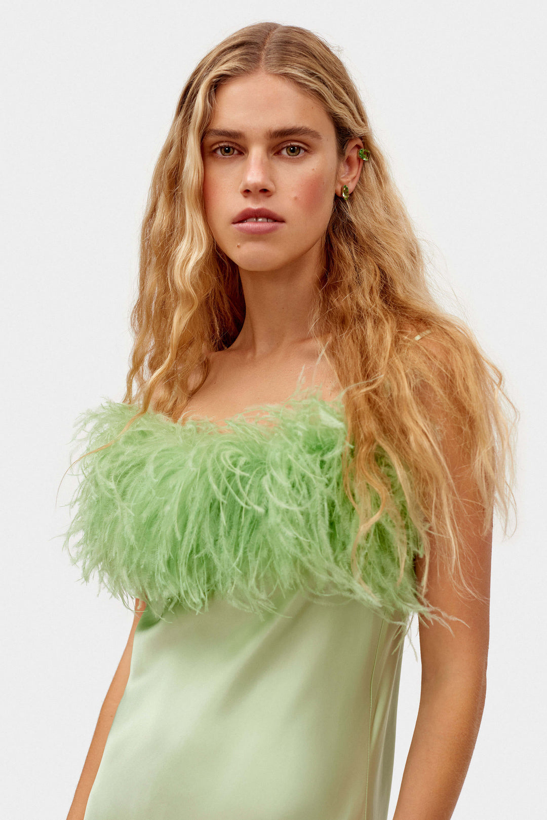 Boheme Mini Slip Dress with Feathers in Mint