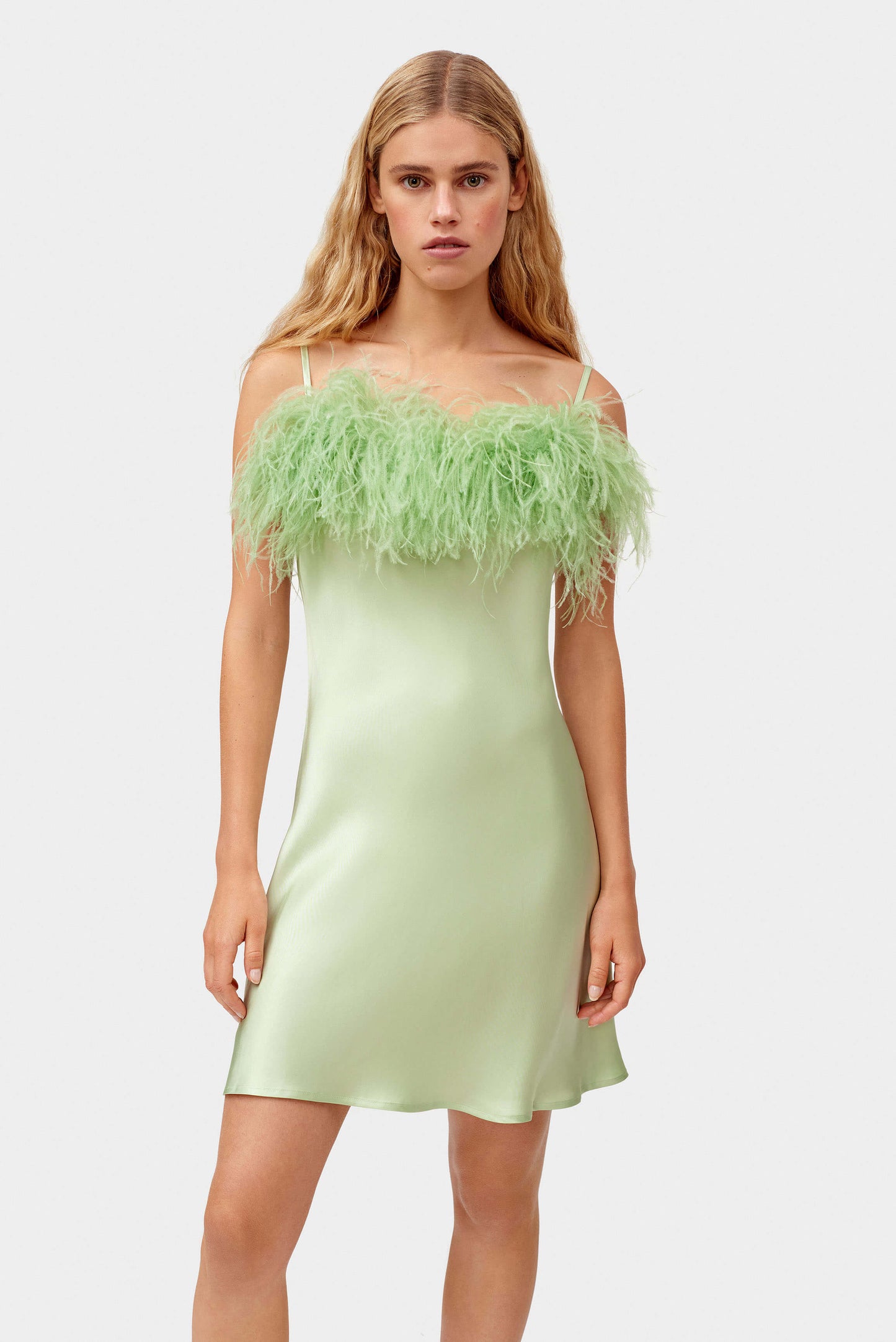 Boheme Mini Slip Dress with Feathers in Mint