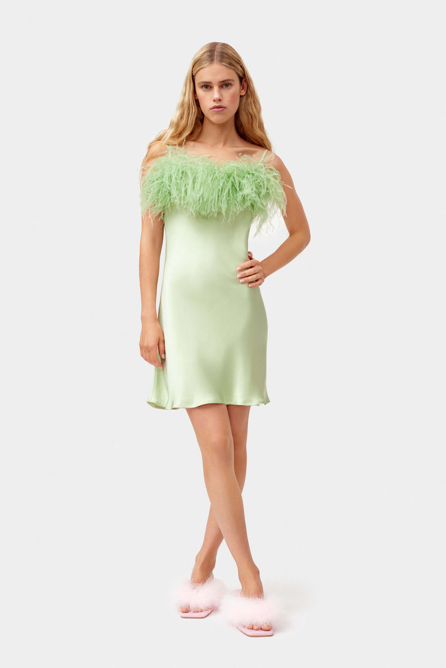 Boheme Mini Slip Dress with Feathers in Mint