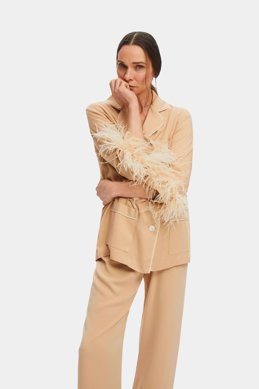 Party Pajama Set with Detachable Feathers in Beige