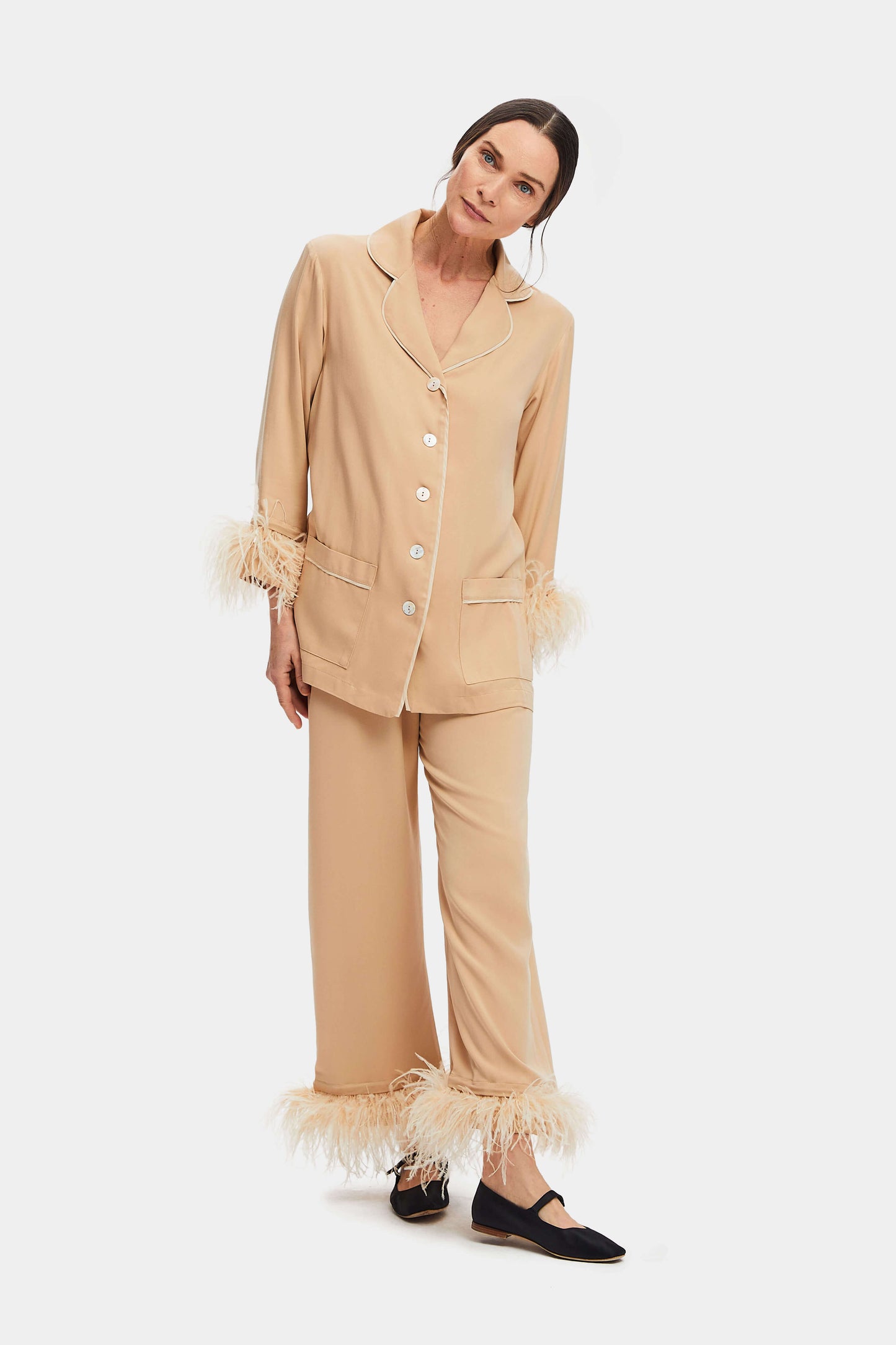 Party Pajama Set with Detachable Feathers in Beige