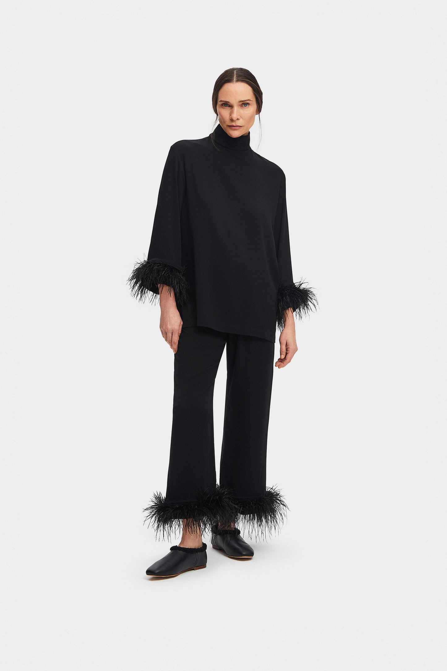 Black Tie Pajama with Detachable Feathers in Black