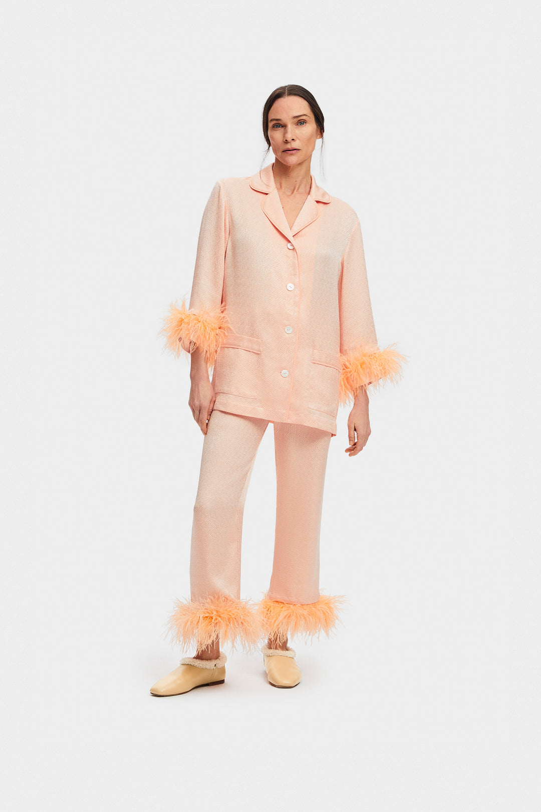 Jacquard Party Pajamas Set with Detachable Feathers in Peach