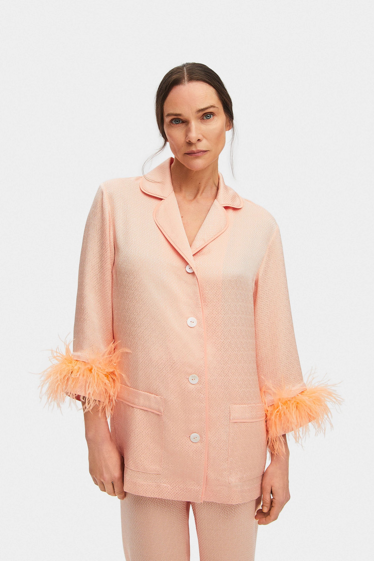 Jacquard Party Pajamas Set with Detachable Feathers in Peach