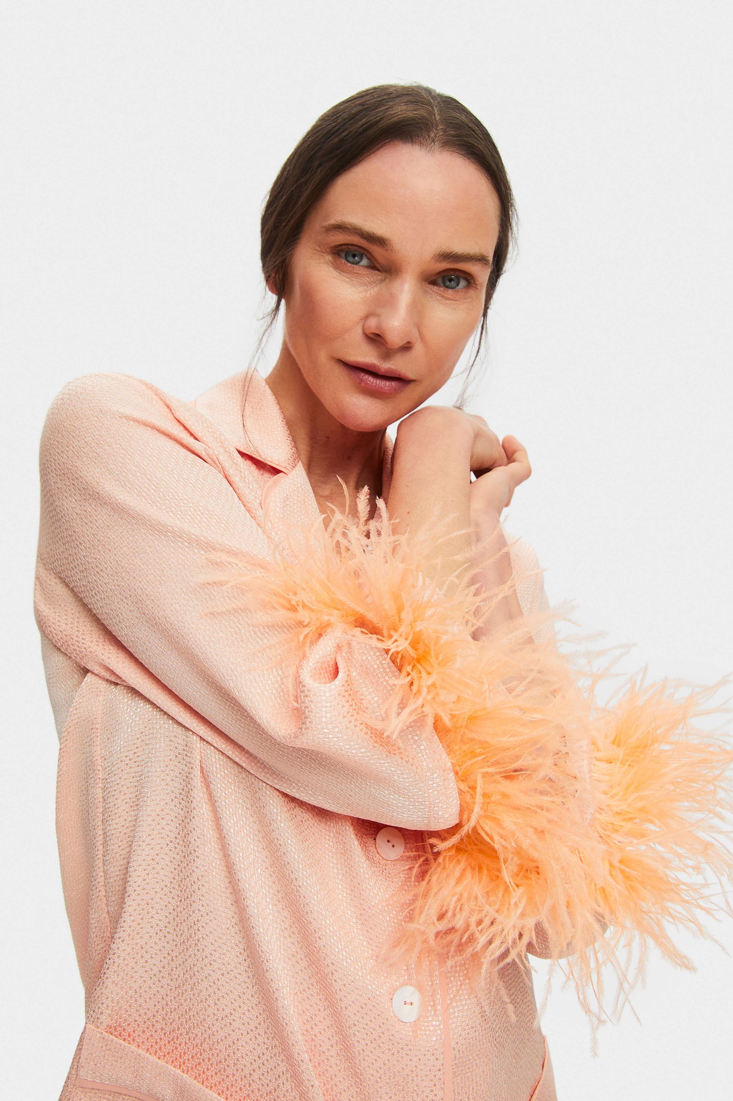 Jacquard Party Pajamas Set with Detachable Feathers in Peach