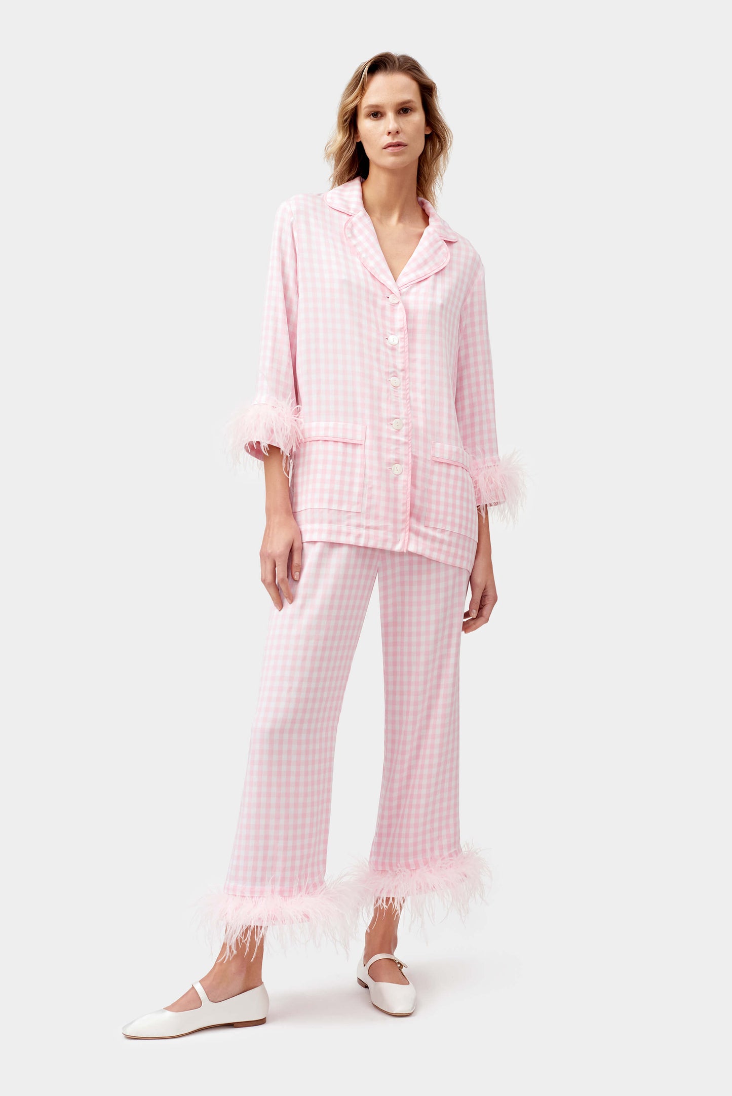 Party Pajama Set with Detachable Feathers in Pink Vichy