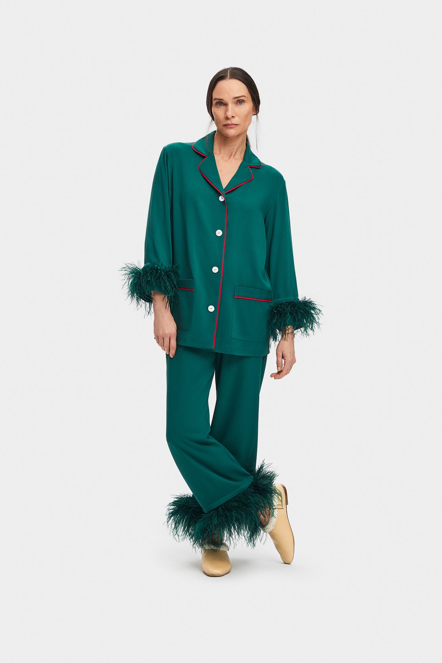 Party Pajamas Set with Detachable Feathers in Pine Green