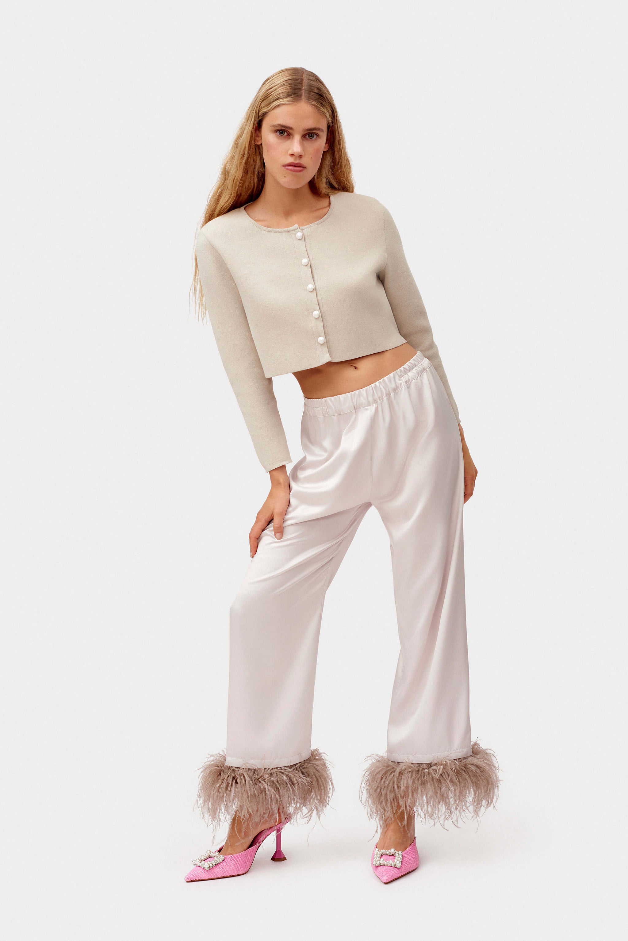 Party Pajamas Pants with Detachable Feathers in Beige