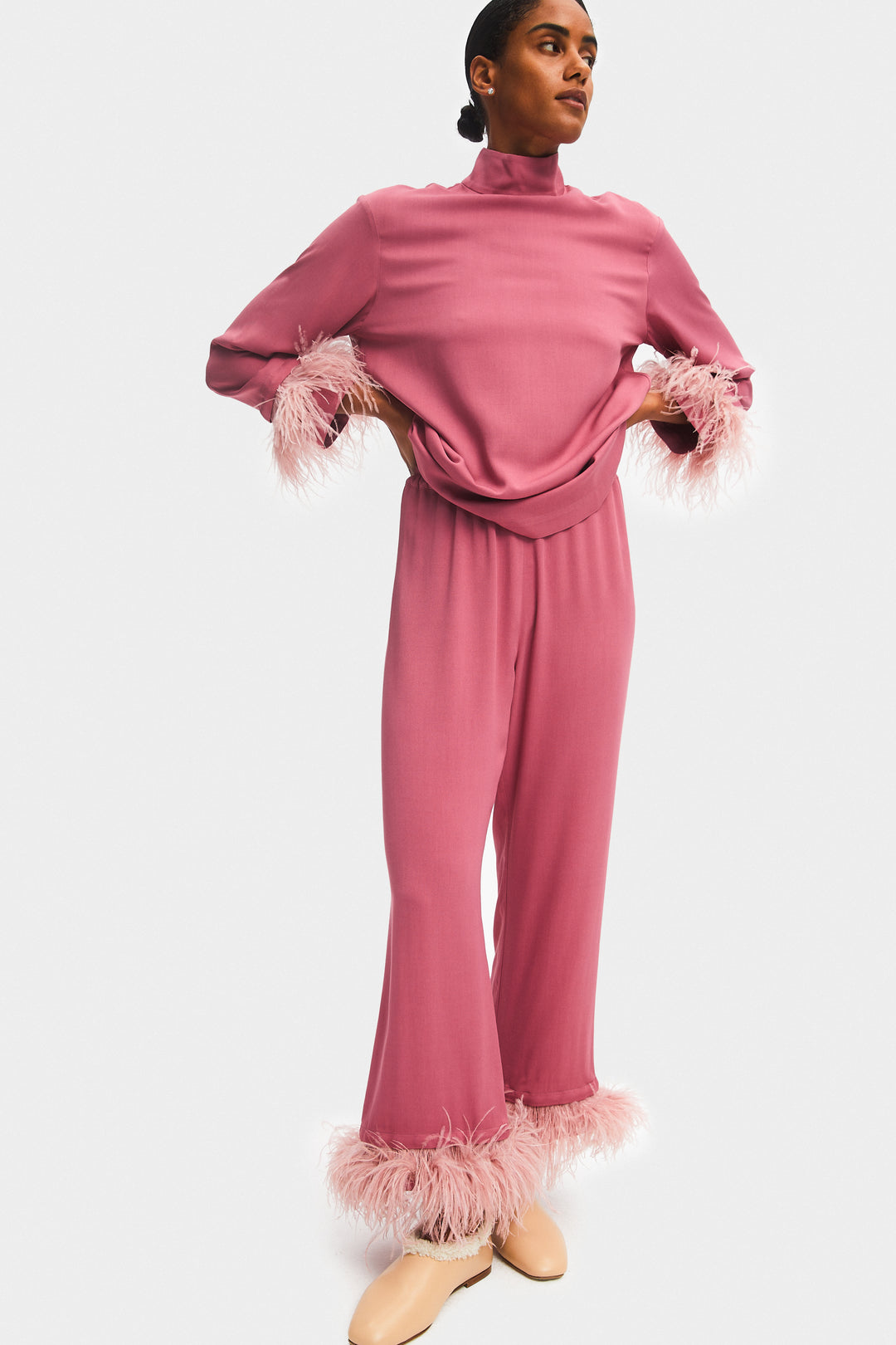 Black Tie Pajama with Detachable Feathers in Burgundy