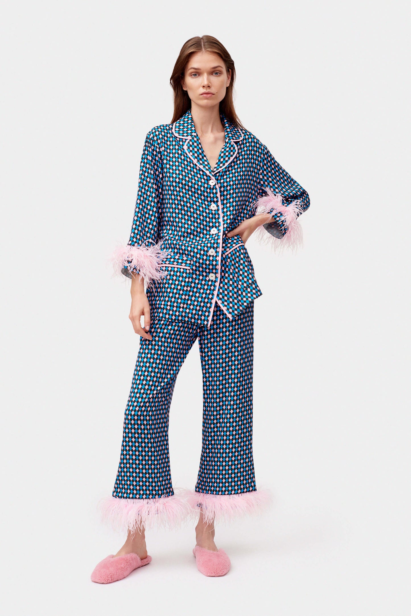 Party Pajamas Set with double Feathers in Navy Print