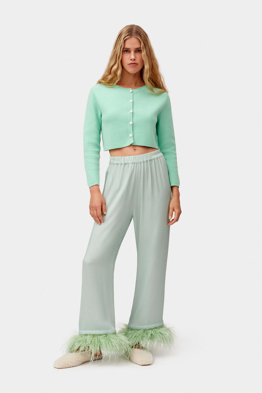 Party Pajamas Pants with Detachable Feathers in Mint