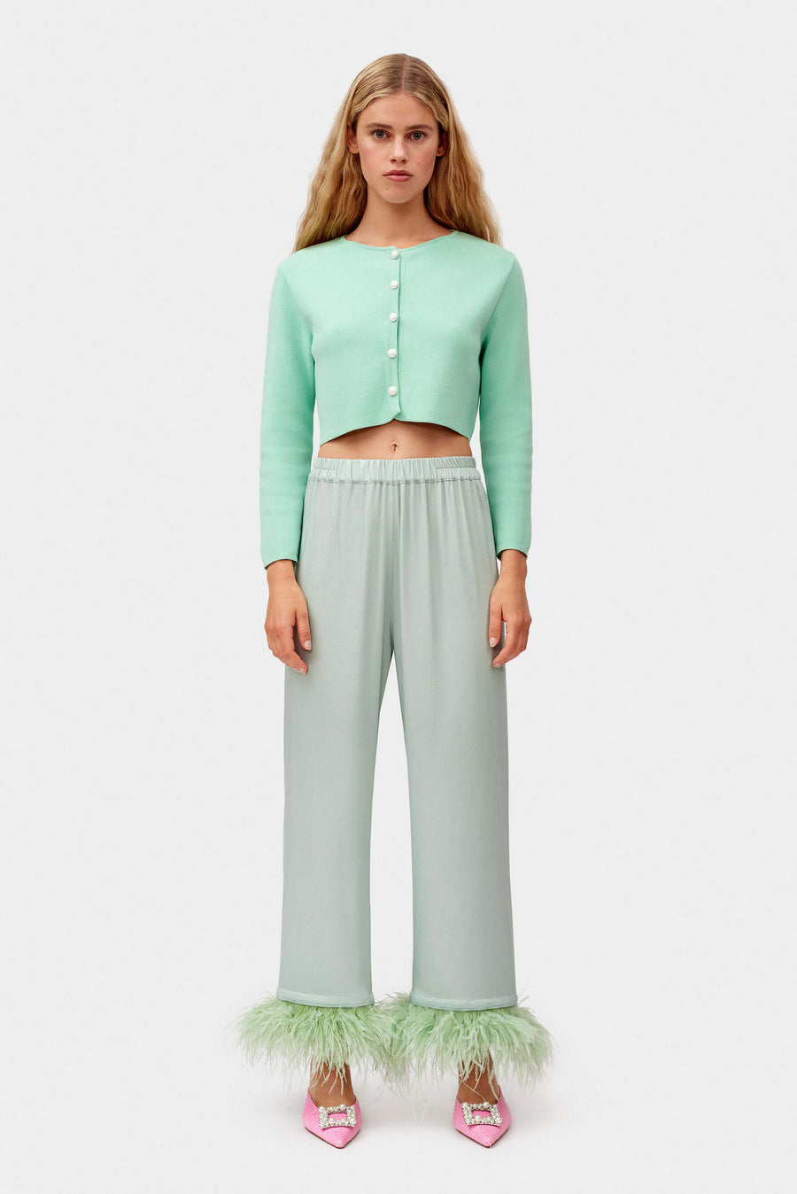 Party Pajamas Pants with Detachable Feathers in Mint