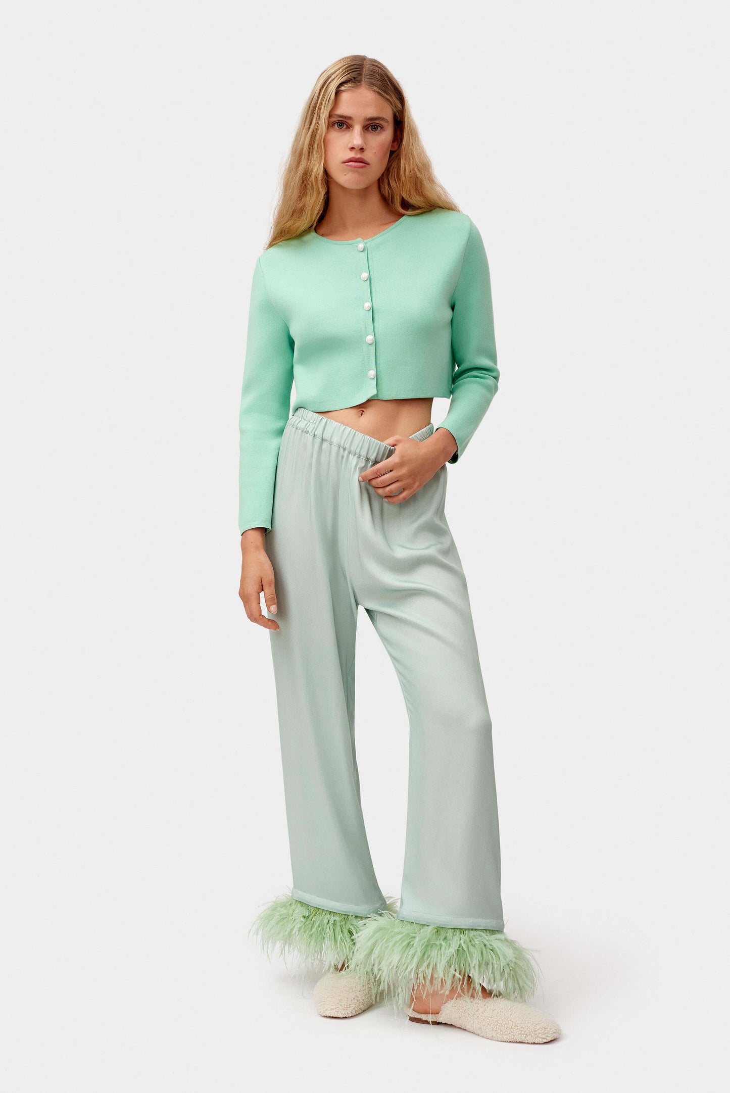 Party Pajamas Pants with Detachable Feathers in Mint