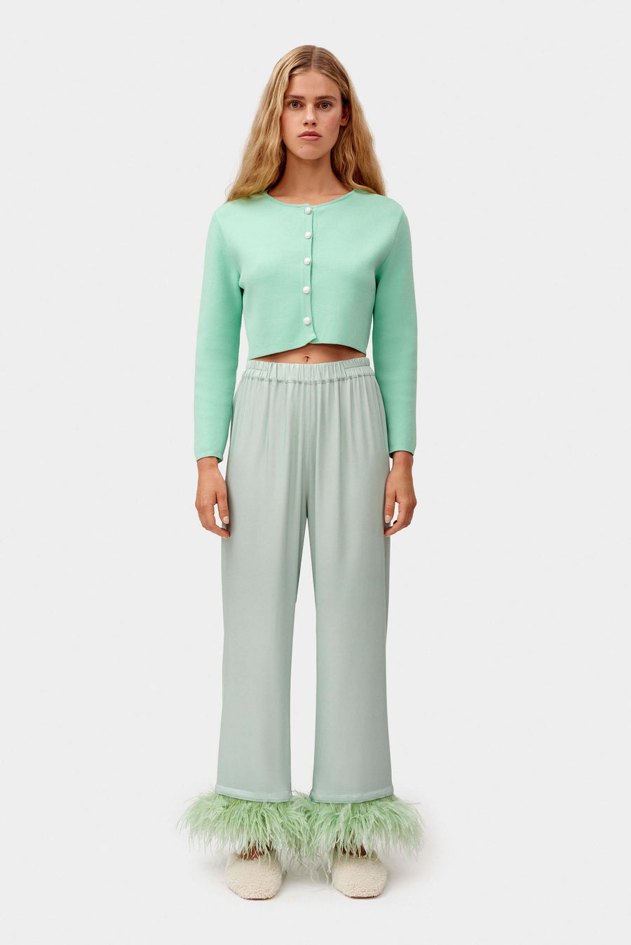 Party Pajamas Pants with Detachable Feathers in Mint